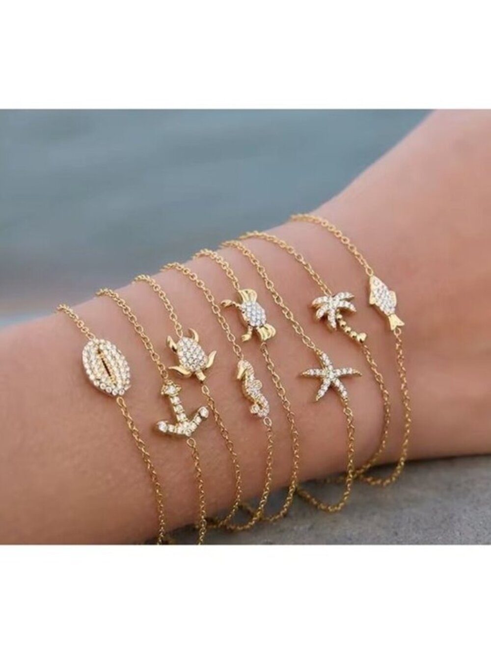 Palm Tree Wave Charm Bracelet Anchor Fish Gold WATERPROOF Gold Ocean Bracelet